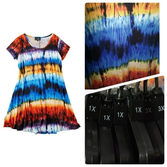 Bright color tie dye tunic dress, round neck Plus size 1X - Picture 1 of 7